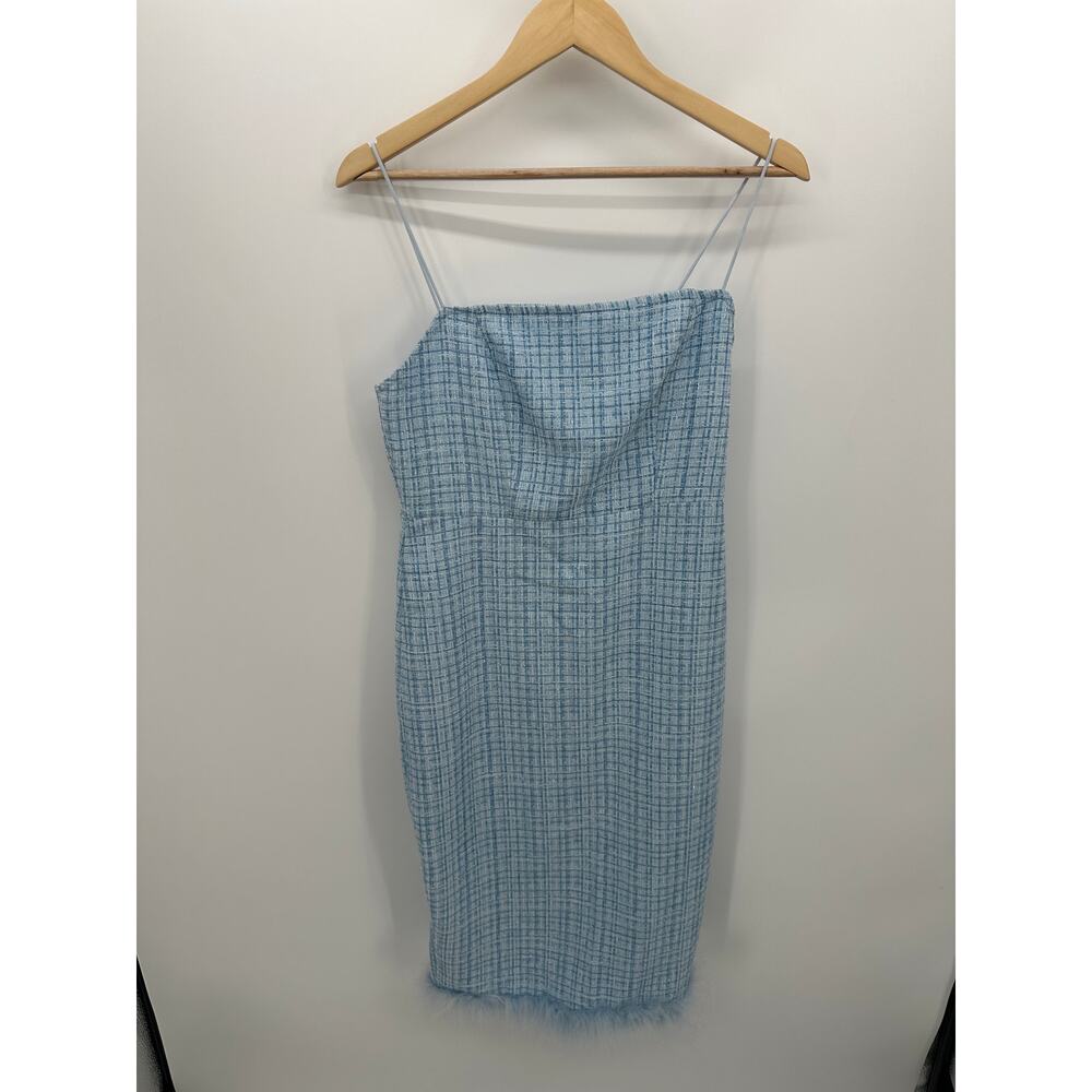 Shein‎ Womens Blue Plaid Tweed Midi Dress Boa Hem Preppy Size 6 AG23
